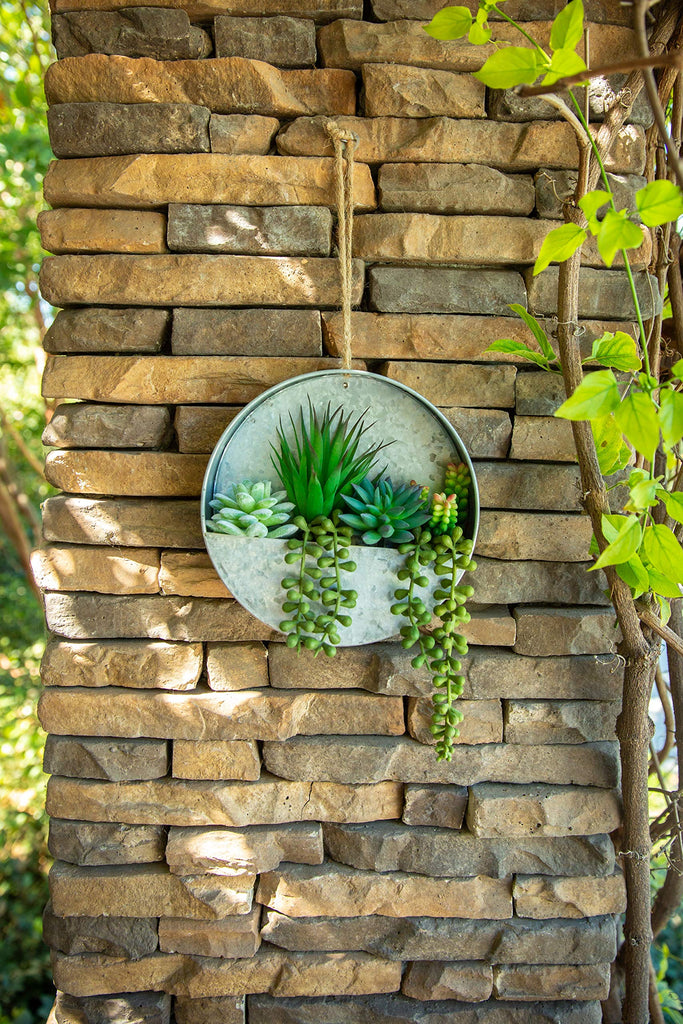 Modern Artificial Succulent in 8 inch Hanging Galvanized Tin Wall Planter, Boho wall Decor, Hanging Fake Plants Cactus