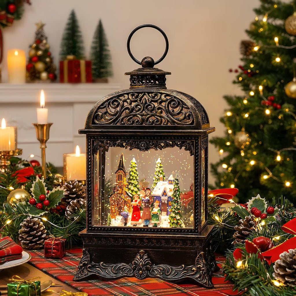Christmas Village Snow Globe Water Lantern with Church Carolers Scene Battery Operated or USB Powered Musical Lighted
