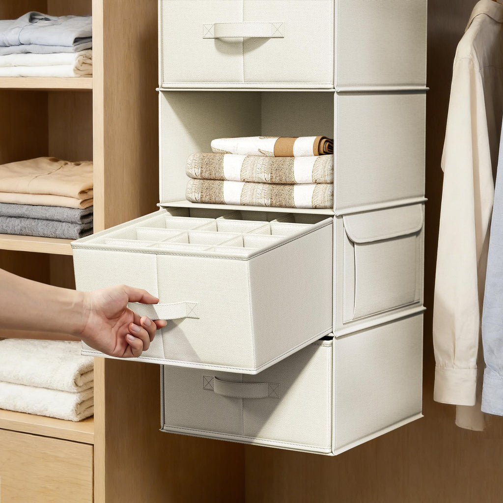 6-Shelf Hanging Closet Organizer with 3 Fabric Drawers, Beige
