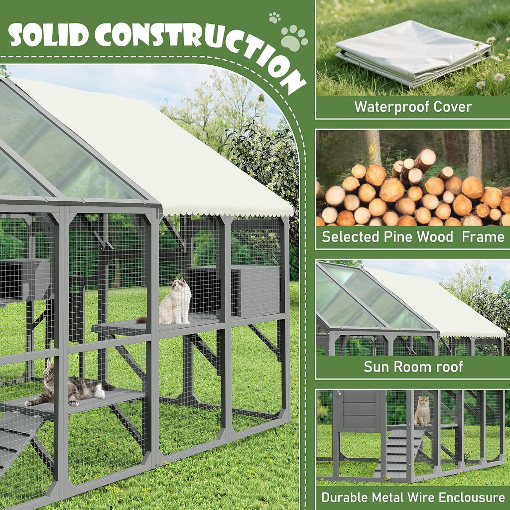 Large Outdoor Catios Enclosure for Multiple Kittens, Wooden Cat House with 7 Platforms, Resting Boxes, Bridge