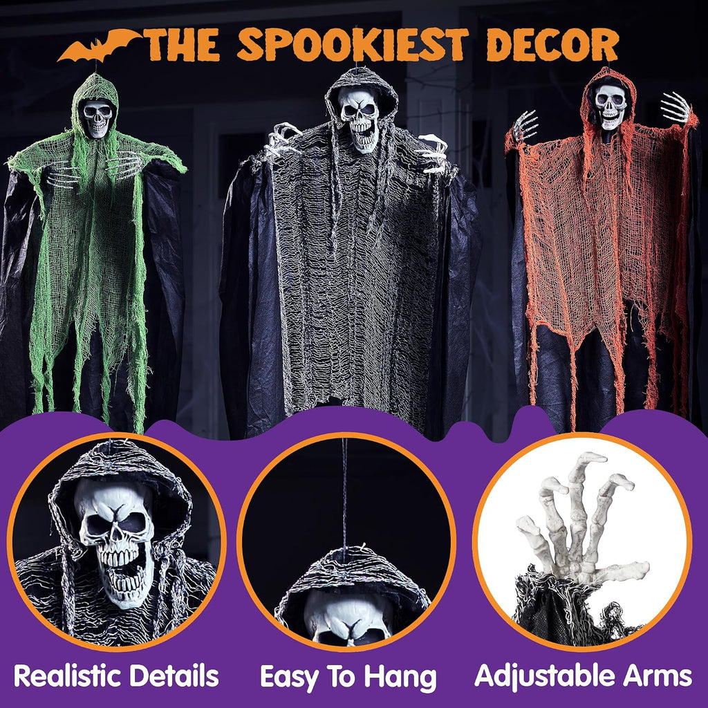 Halloween Hanging Grim Reapers, one 63" Two 47" Grim Reapers, Halloween Skeleton Outdoor Decoration Flying - Set of 3