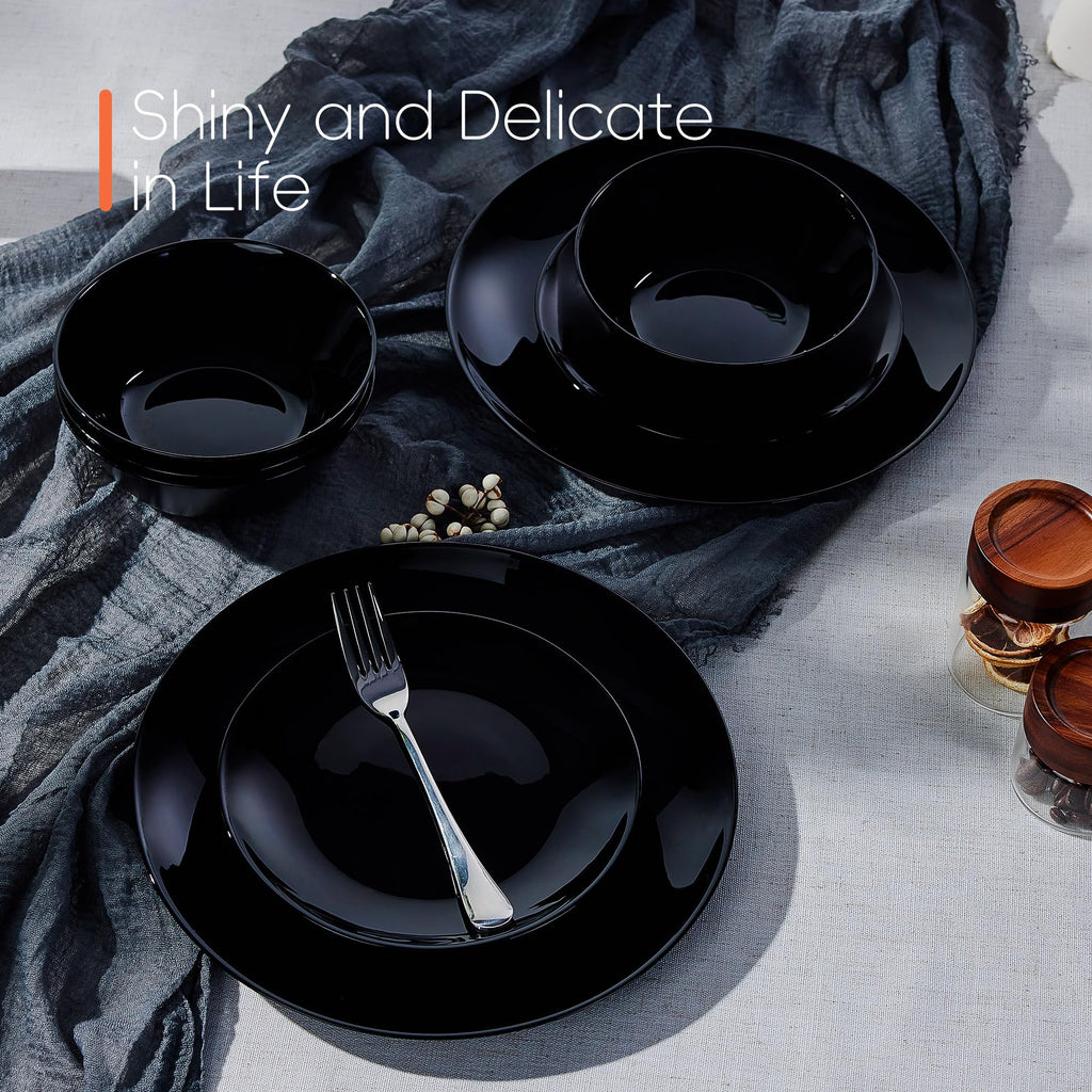Dinnerware Sets for 4, 12 Piece Black Opal Glass Dish Set