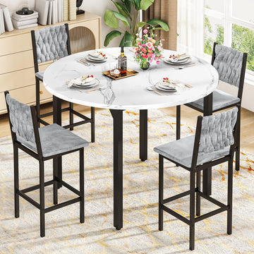 Round Dining Table Set for 4, Gray Hand-Woven Velvet Bar Stools(White)
