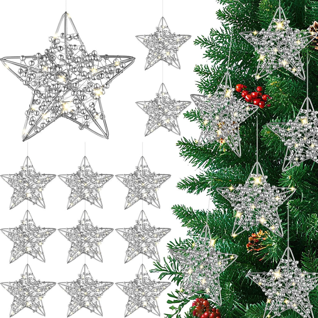 2.8" Beaded Silver Star Ornaments 3D Metal Christmas Decor - Set of 12