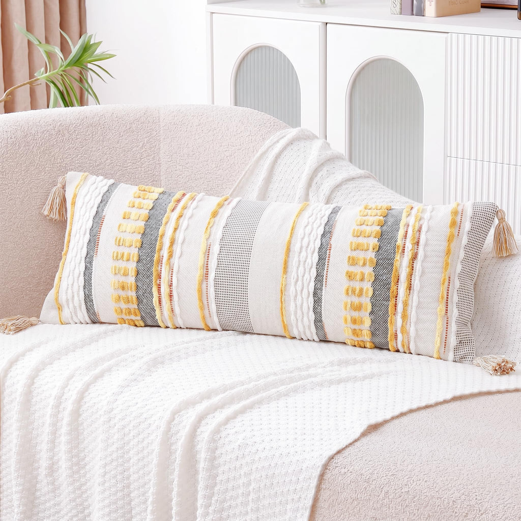 Chenille and Cotton Long Pillow for Bed, Striped Textured Boho Lumbar Throw Pillow Cover 12x36, Neutral Accent