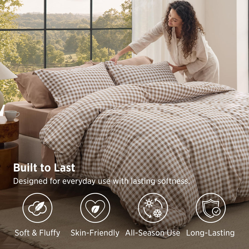 Brown Gingham Comforter Set, Soft Fall Bedding 3 pcs