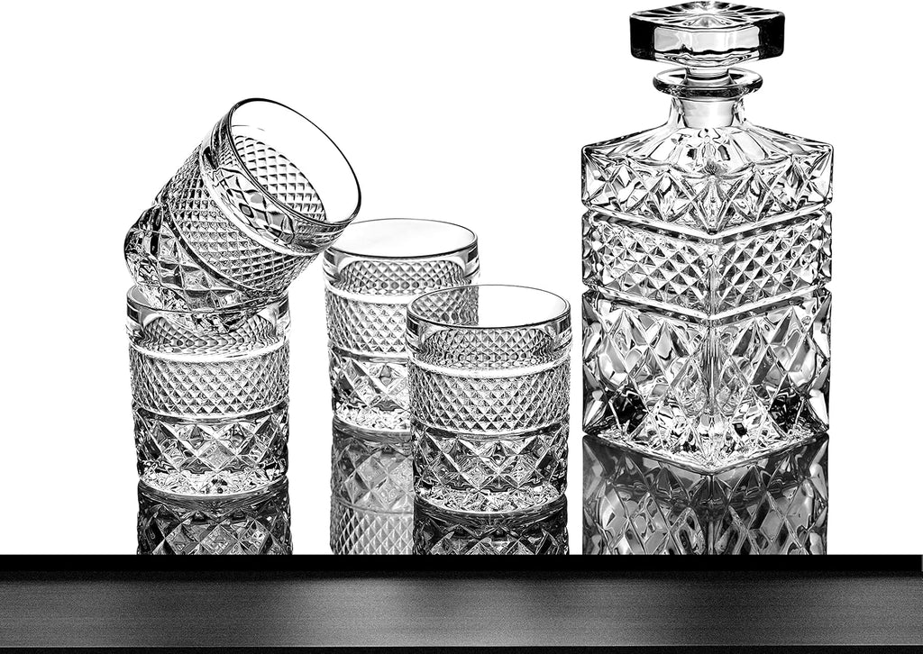 Whiskey Decanter Gift Set with 4 Cocktail Glasses & Handcrafted Granite Whiskey Chilling Stones - Whisky Carafe Glass - Set of 7