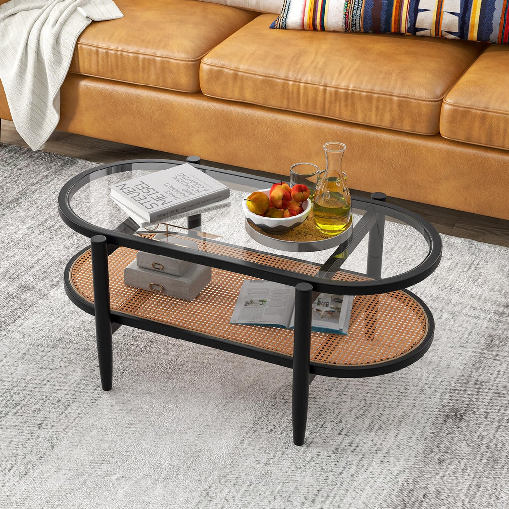 Oval 2-Tier Rattan Coffee Table with Curved Wood Frame (Black)
