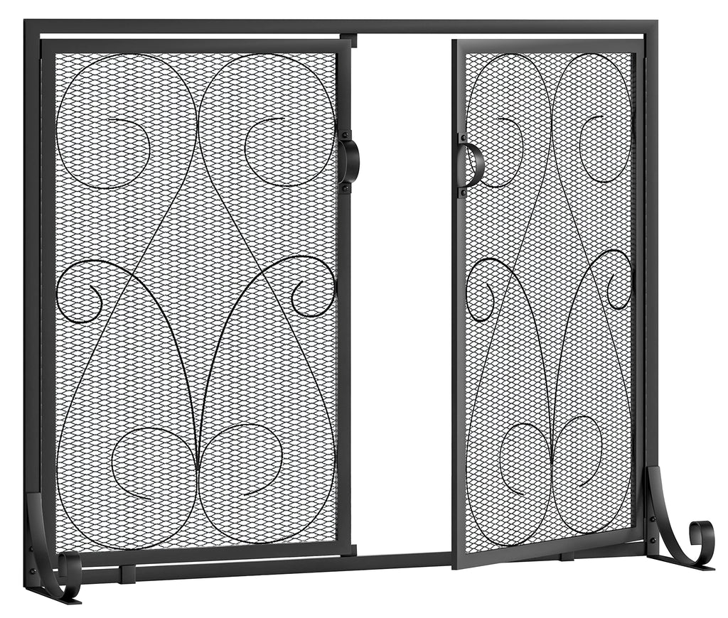 2-Panel Fireplace Screen with Doors Handcrafted Wrought Iron Decorative Mesh, Symmetric Scroll Fire Spark Guard-Black