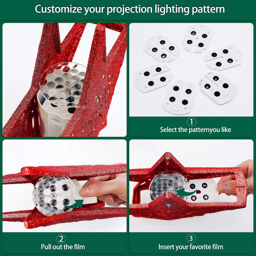 Tree Topper Lighted with 6 Projected Patterns -Christmas Star Tree Topper Built-Led Rotating Lights -3D Glitter