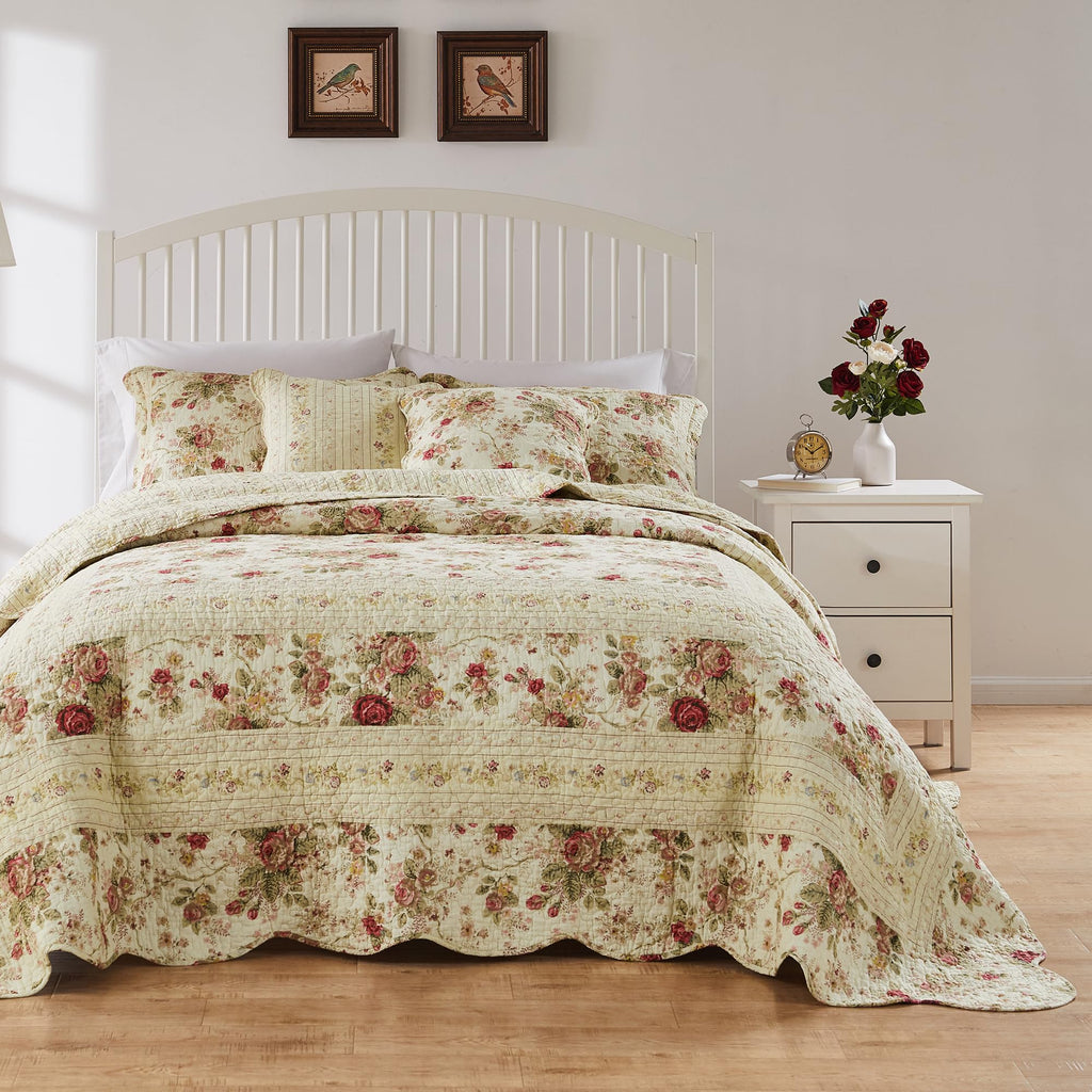 Antique Rose Jumbo Oversized 100% Cotton Bedding Set, Bedspread 110 W x 118 L with 2 Shams 20 W x 26 L Each