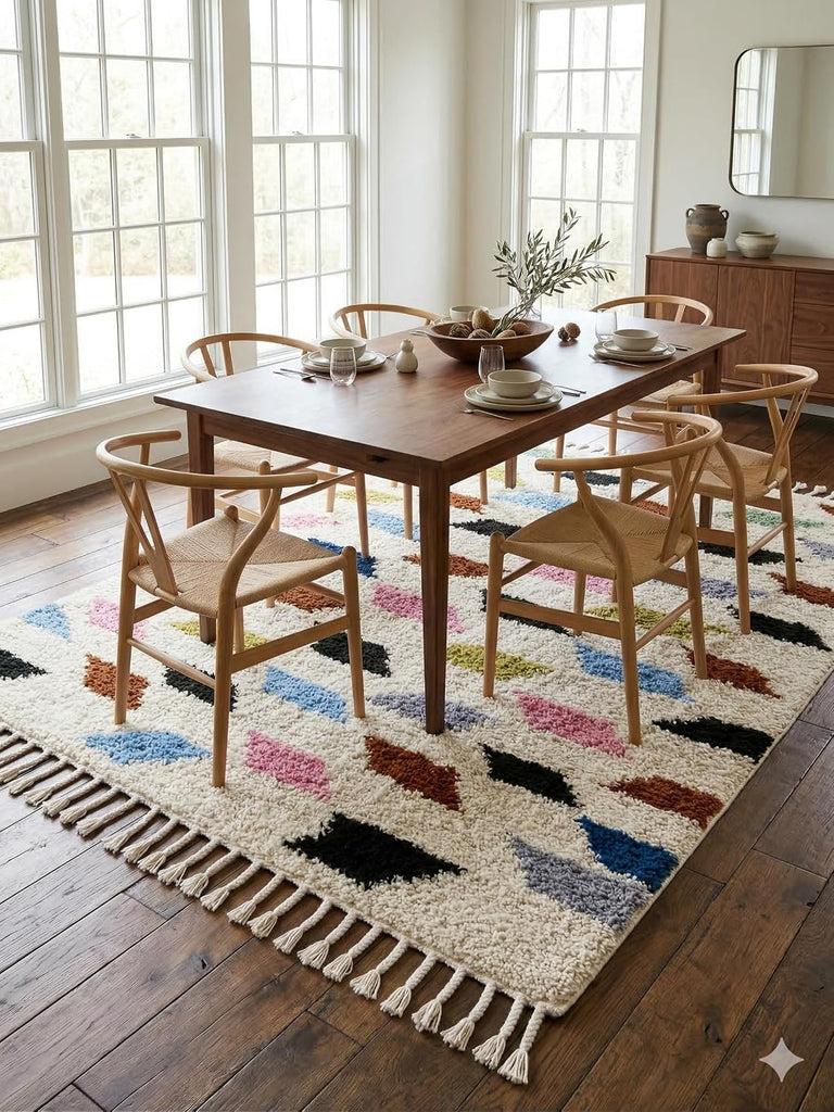 Handmade Moroccan Berber Wool Rug 6' x 9', 100% Wool High Pile Shag, Ivory/Cream with Multicolor Diamond Motifs