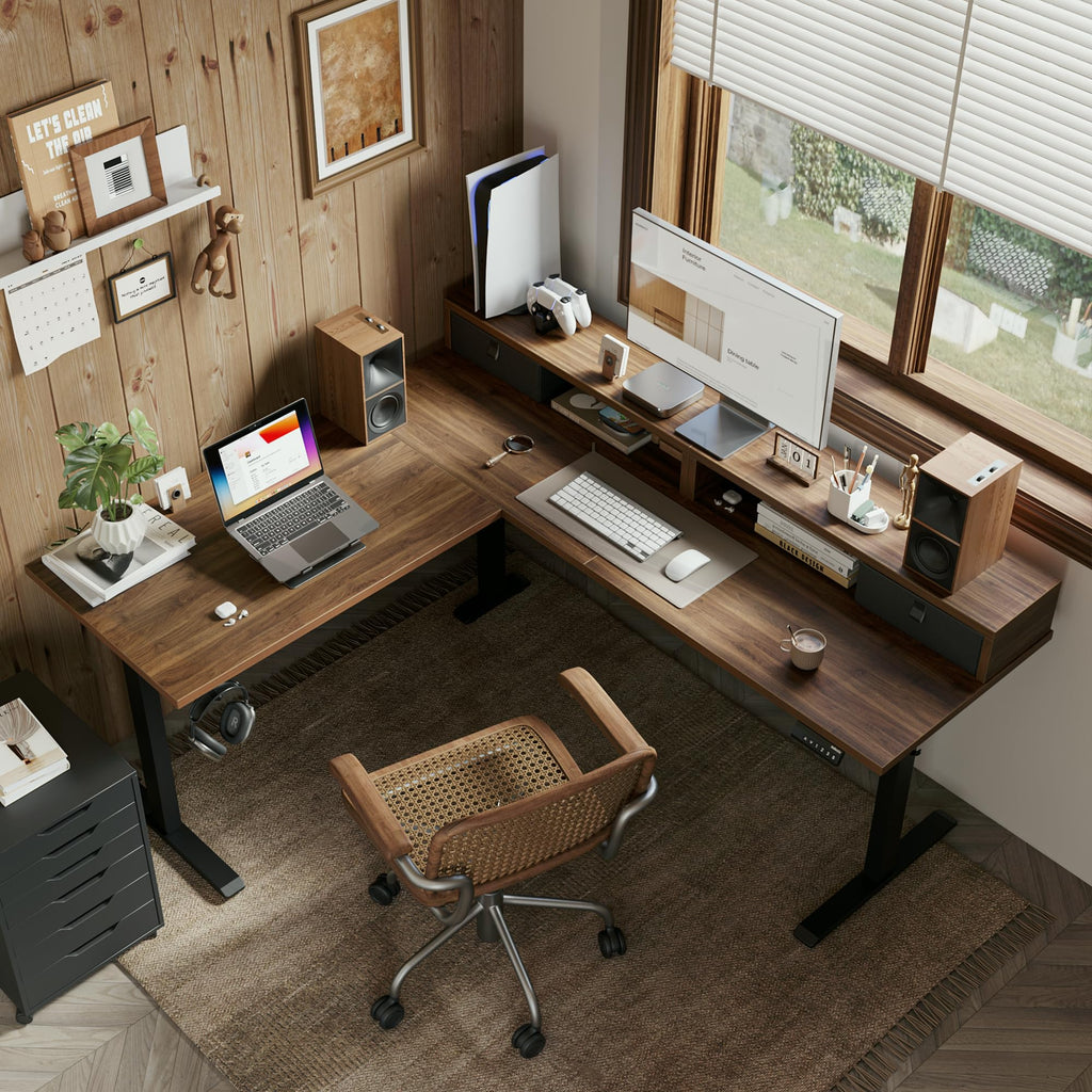 63 Inch L Shaped Electric Standing Desk with Drawer, Dark Walnut