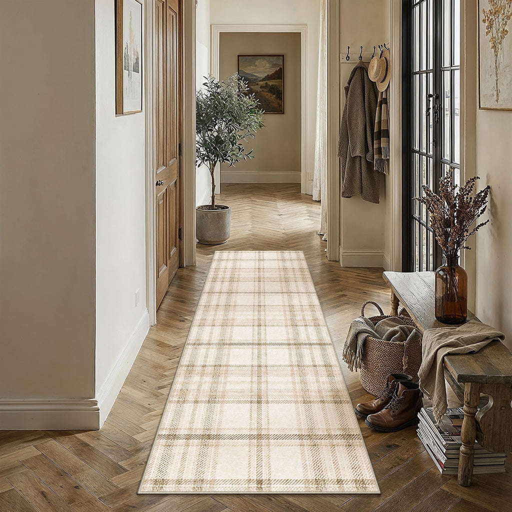 Beige Plaid Kitchen Runner Rug