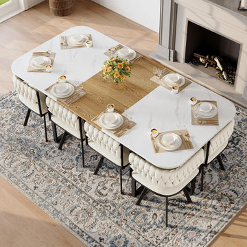 Dining Room Table Set for 8, 9-Piece Modern Kitchen & Living Room Set, 79" Space-Saving Faux Marble Grain Rectangular