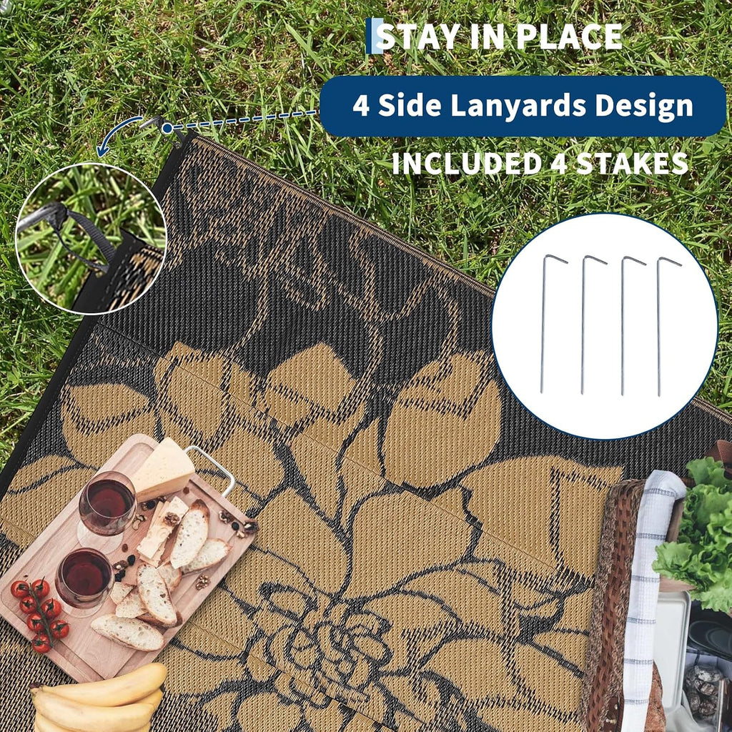 Outdoor Rug Reversible Modern Floral Patio Rug Waterproof & Washable Outside Carpet, UV Weather Resistant RV