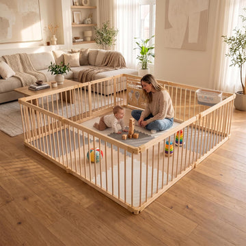 Baby Playpen, Wooden Playpen for Babies and Toddlers, Foldable Fence with Montessori Activity Panel, Storage Basket &