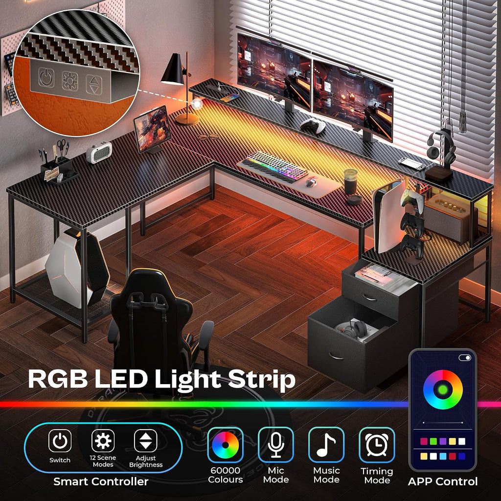 66" L Shaped Gaming Desk with LED Lights & Power Outlets | Computer Desk with Fabric Drawers and Print Stand, Corner