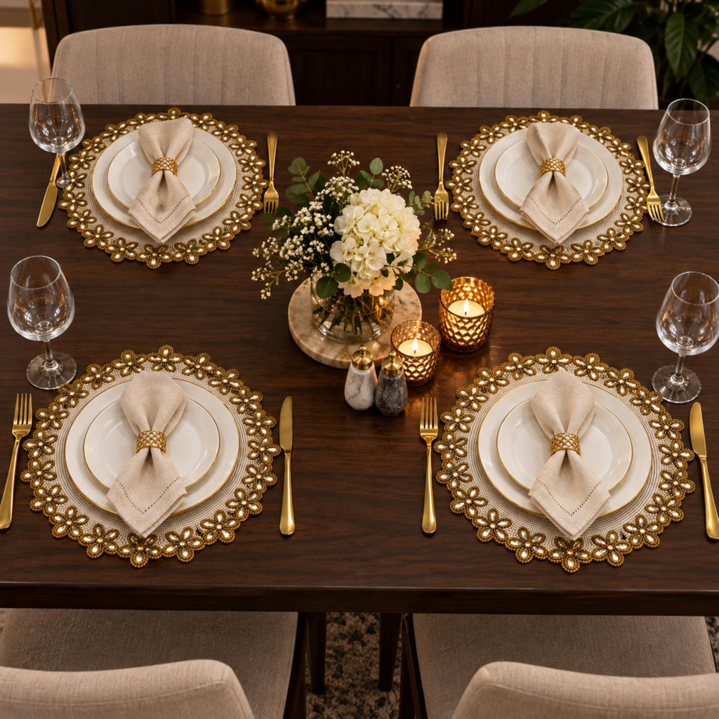 Beaded Placemats for Dining Table Ivory Gold - Measure 13 Inches