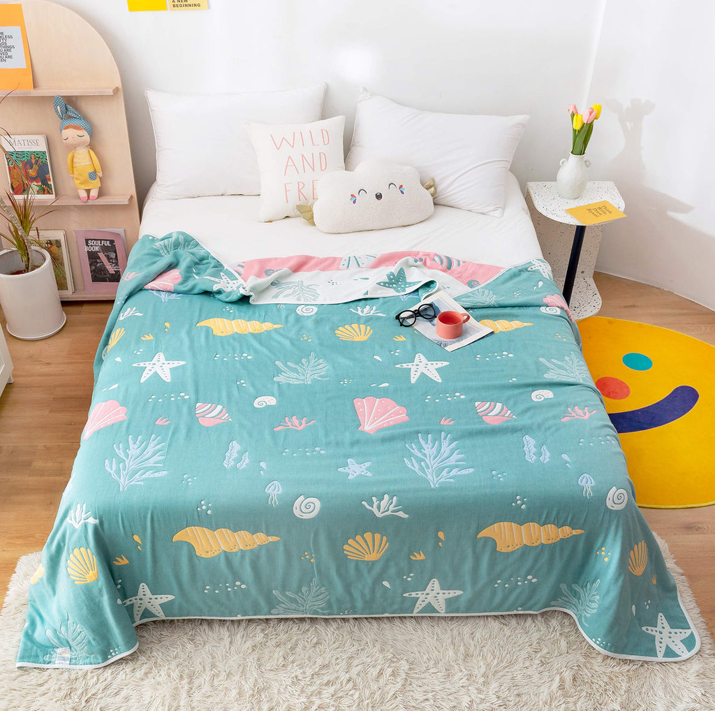 Coral Conch Starfish Shell Muslin Wrap Blanket Reversible 100% Cotton 6 Layer Quilt Bed Blanket Soft Warm Throw