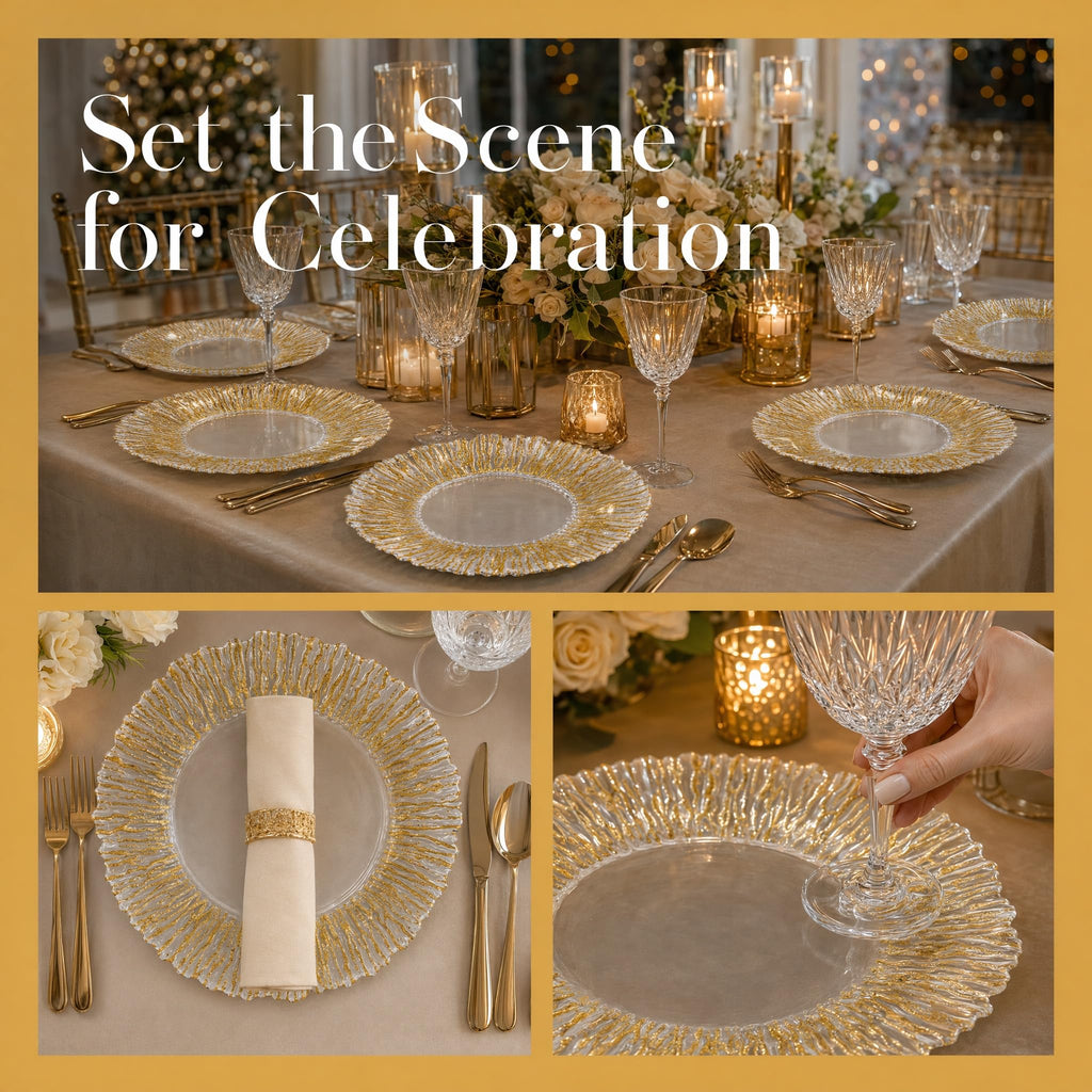 Gold Reef Glass Charger Plates, Set of 12-13 Inch Round Clear Chargers for Dinner Settings with Bottom Foil Accent