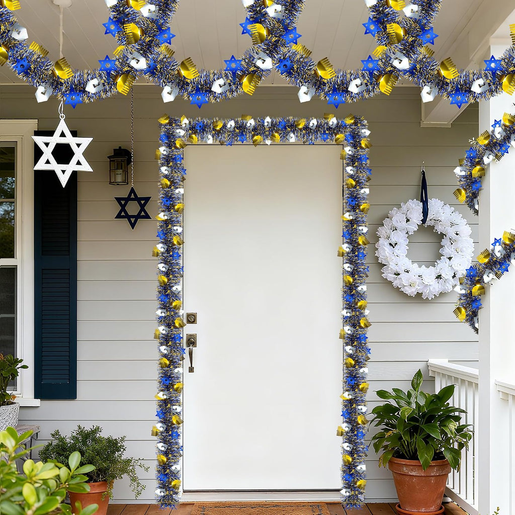 50FT Hanukkah Decorations Tinsel Garland, Blue Gold Silver Shiny Metallic Tinsel Twist Hanukkah Garland with Dreidel - Set of 50
