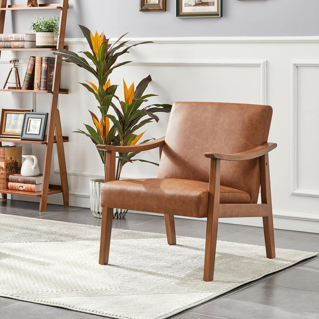 Accent Chairs, Mid-Century Faux Leather Armchairs, Light Brown