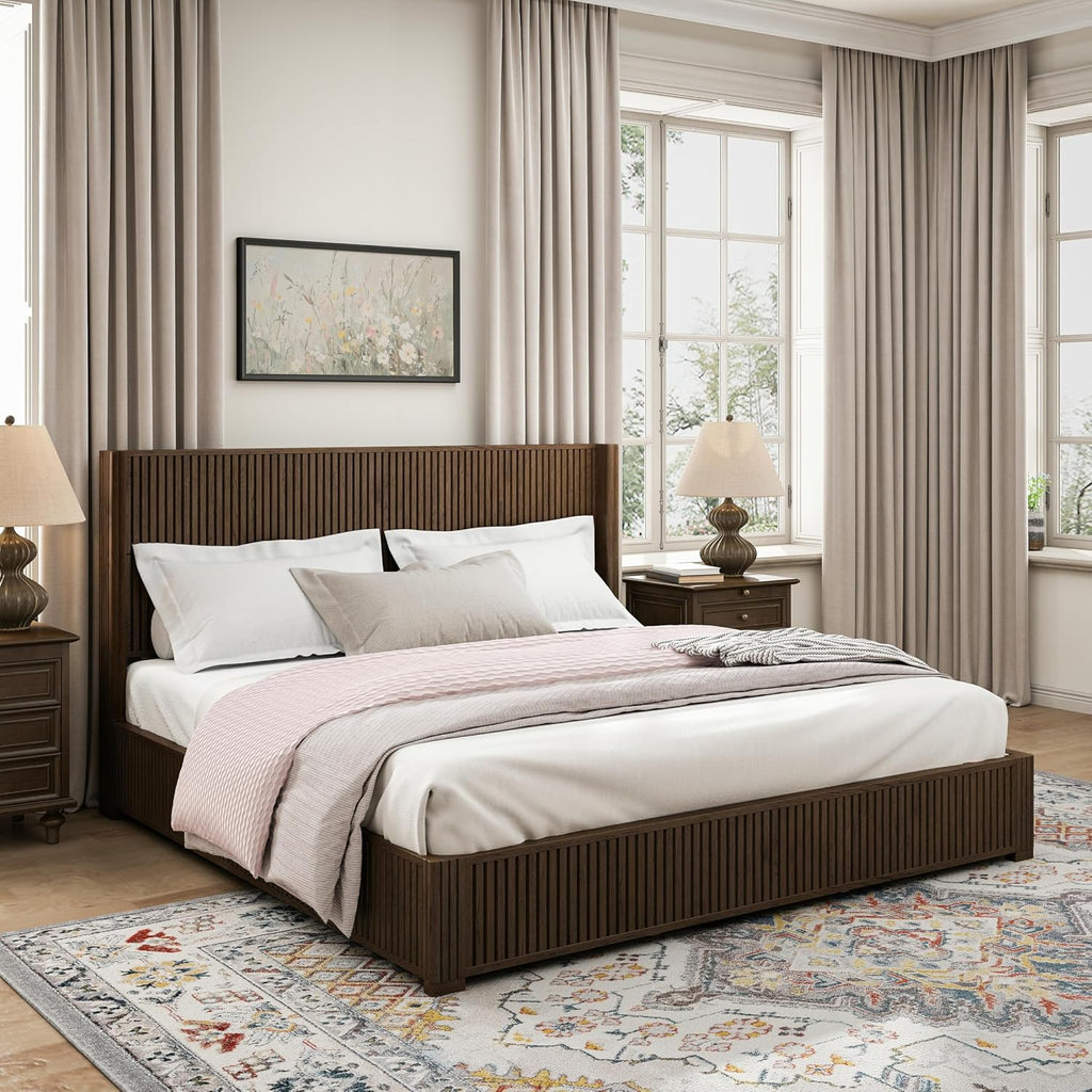 Retro Bed Frame with Tall Headboard, Mid Century Walnut Solid Wood Platform Beds Frames, 10 Strong