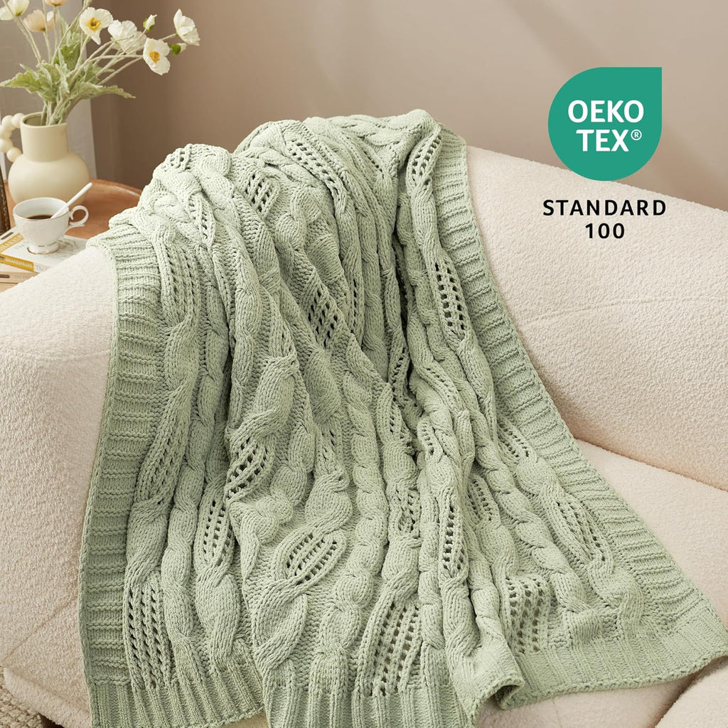 Chunky Knit Throw Blanket, Dual-Sided Soft Chenille Breathable Cable Knitted Blanket, Farmhouse Decorative Throw