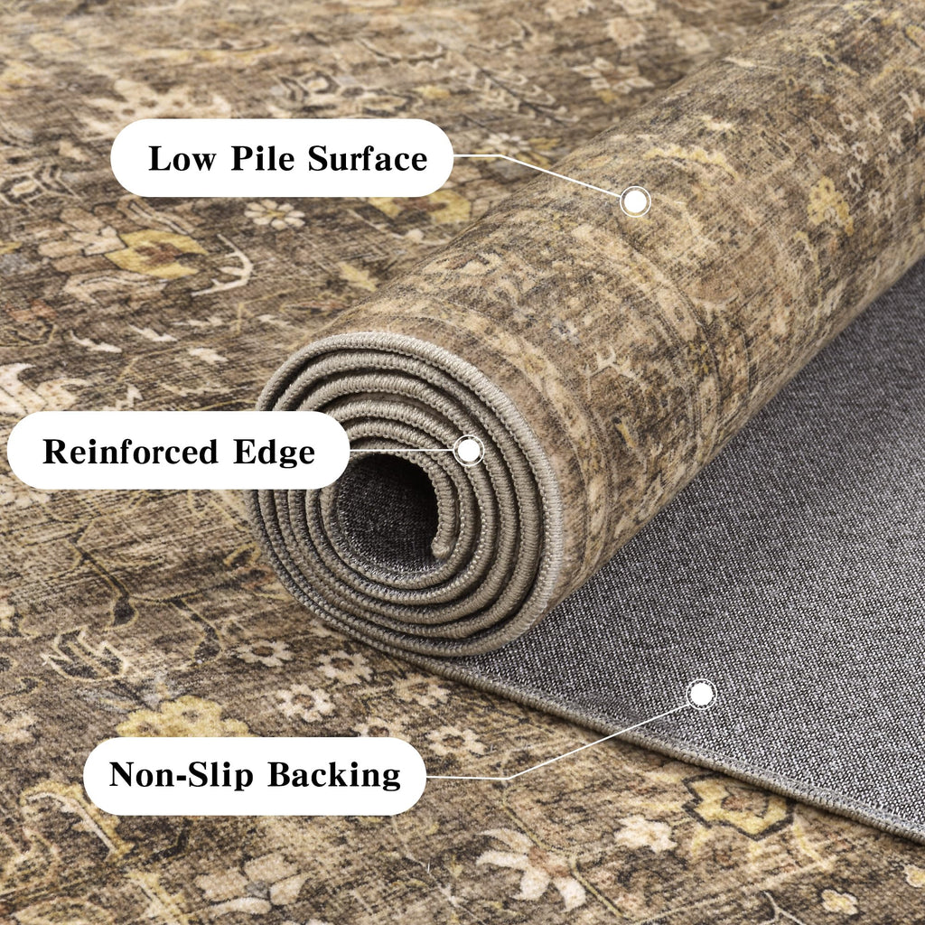 2.6x8 Washable Kitchen Runner Rug Non-Slip Vintage Brown Throw Carpet