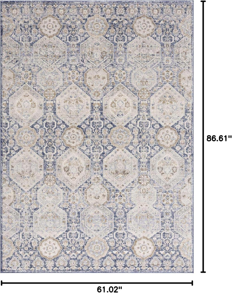 Kismet Boho Vintage Traditional Damask Area Rug - Farmhouse Traditional Floral Medallion Carpet - Beige, Blue, Gray
