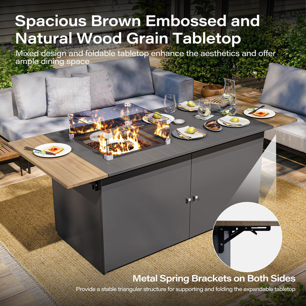 Propane Fire Pit Table 64 Inch with Lid, 60, 000 BTU Gas Fire Pits for Outside Patio with Glass Wind Guard, Dark Grey