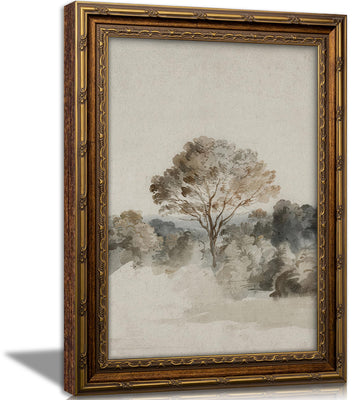 Vintage Gold Framed Wall Art, Neutral Tone Tree Landscape Watercolor Print, Soft Muted Nature Decor, Ready to Hang