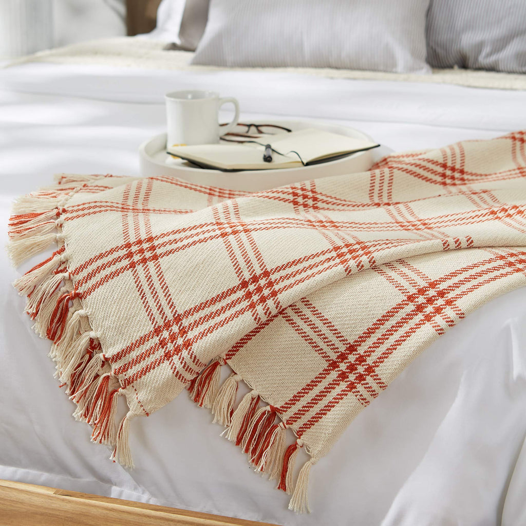 Modern Farmhouse Plaid Collection Cotton Fringe Throw Blanket, 50x60, White/Vintage Red