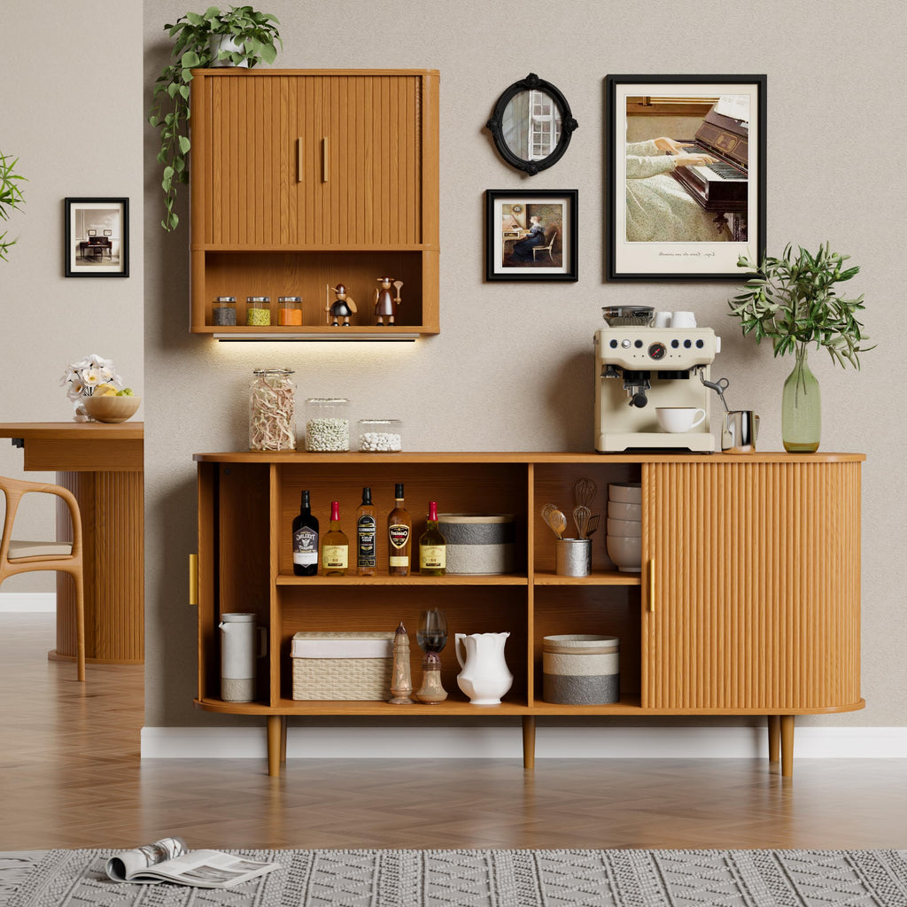 63" Sideboard Buffet Cabinet with Storage, Mid Century Modern Fluted Accent Coffee Bar Console Table, Tambour Sliding