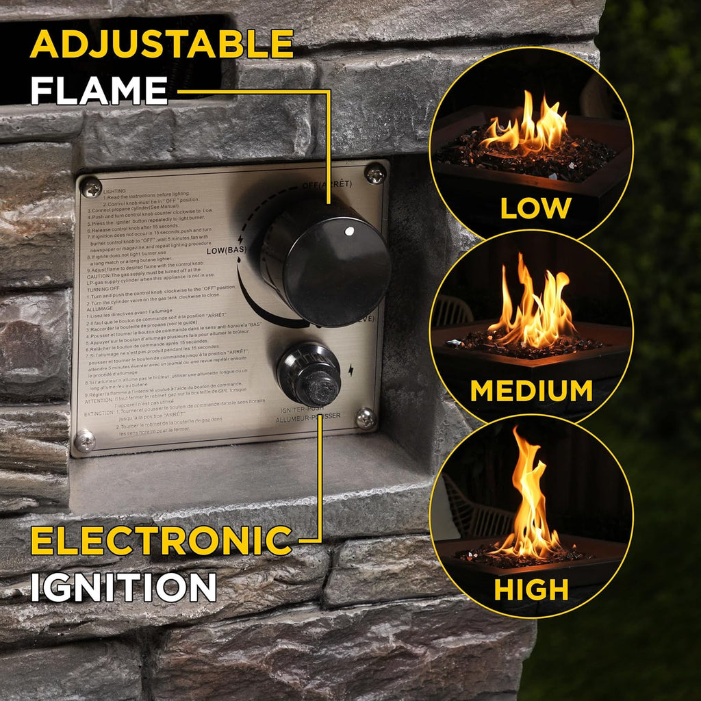 GXT966 Stone Look Column Gas Fire Pit with 32K BTU and Adjustable Flame, Cozy Patio Decor, 29" H, Multicolor