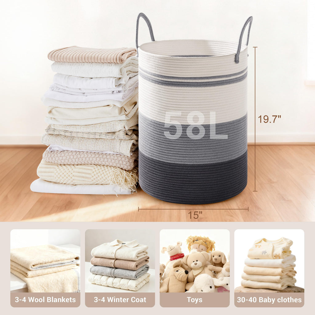 58L Tall Cotton Rope Laundry Basket with Handles, Grey Striped