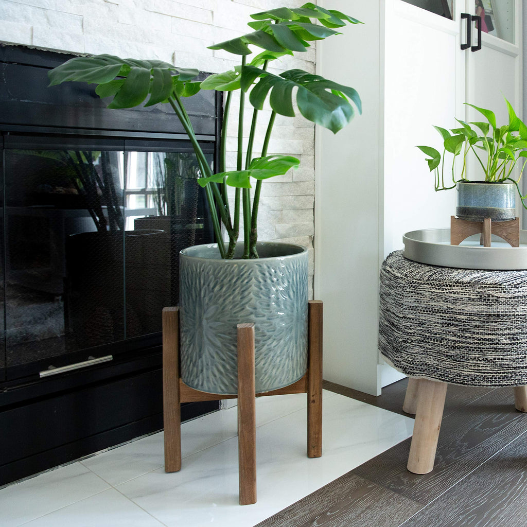 Mid Century 2pcs 10 inch & 8 inch Sunburst Ceramic Planter on Wood Stand, Set of 2