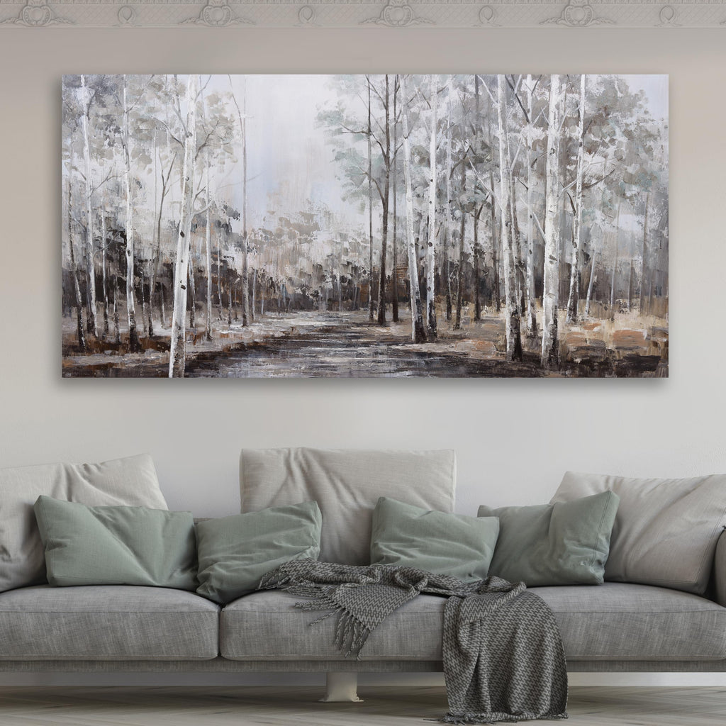 White Birch Tree Wall Art Grey Forest Painting Abstract Canvas Art Landscape Panoramic Picture Nature Artwork Framed
