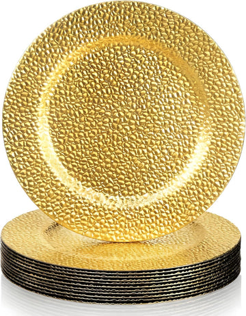Gold Charger Plates, 13" Round Plastic Serving Chargers, Decorative Dinner Plate Chargers Bulk, Antique Table - Set of 12