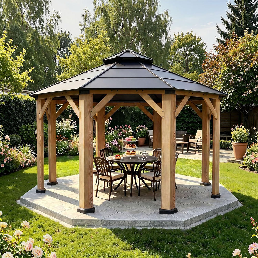 13' x 13' Outdoor Wood Octagon Gazebo, Hardtop Gazebo Permanent Wooden Pavilion with Galvanized Steel Double Roof