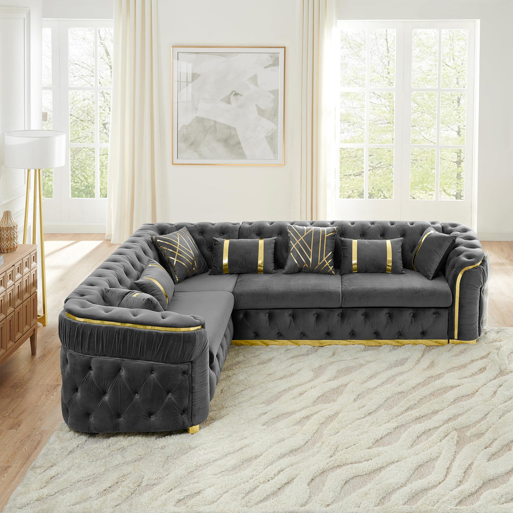 111" L-Shaped Luxury Velvet Chesterfield Sectional Sofa with Gold Stainless Steel Accents and 7 Pillows, Mid-Century