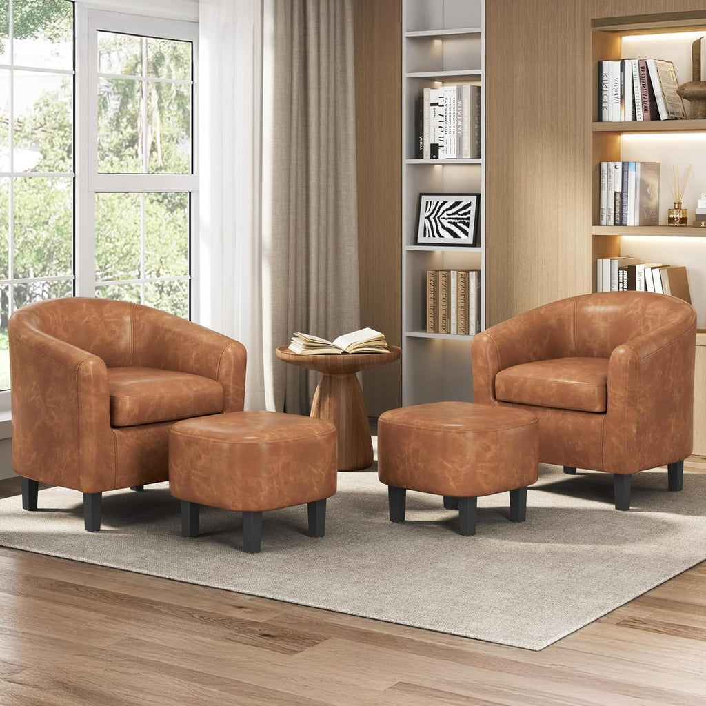 Faux Leather Barrel Accent Chair with Ottoman, Brown