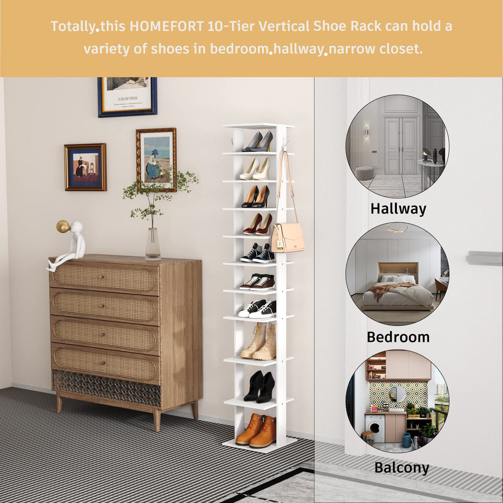 10-Tier Vertical Shoe Rack, Corner Shoe Tower, Slim Shoe Organizer with Two Hanging Hooks, Wooden Shoe Storage Stand