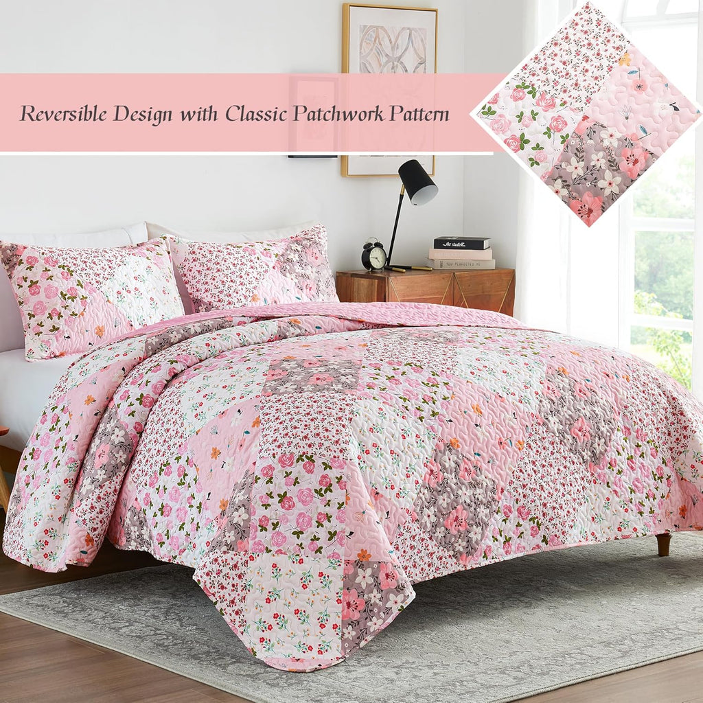 Patchwork Quilts Queen, Extra Soft Boho Floral Bedspreads for Bed Reversible Lightweight Full Queen Quilt Bedding Set