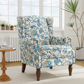 Floral Wingback Accent Chair with Wood Legs, Boho Blue, Set of 1
