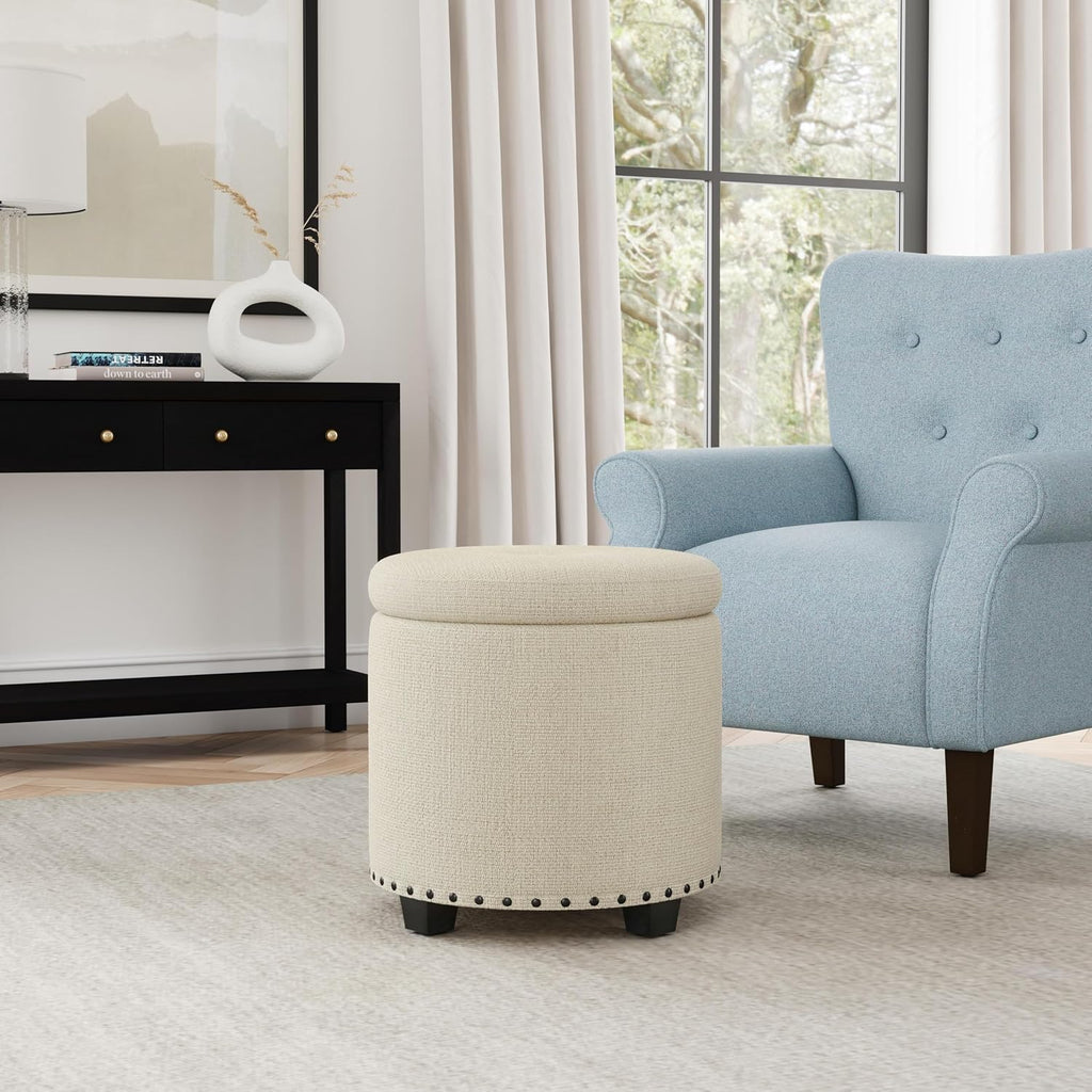 18.5" Round Storage Ottoman with Nailheads - Cream Woven