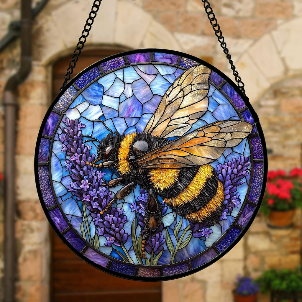Bee Lavender Stained Glass Window Hanging Suncatcher Gifts for Women 6.3"