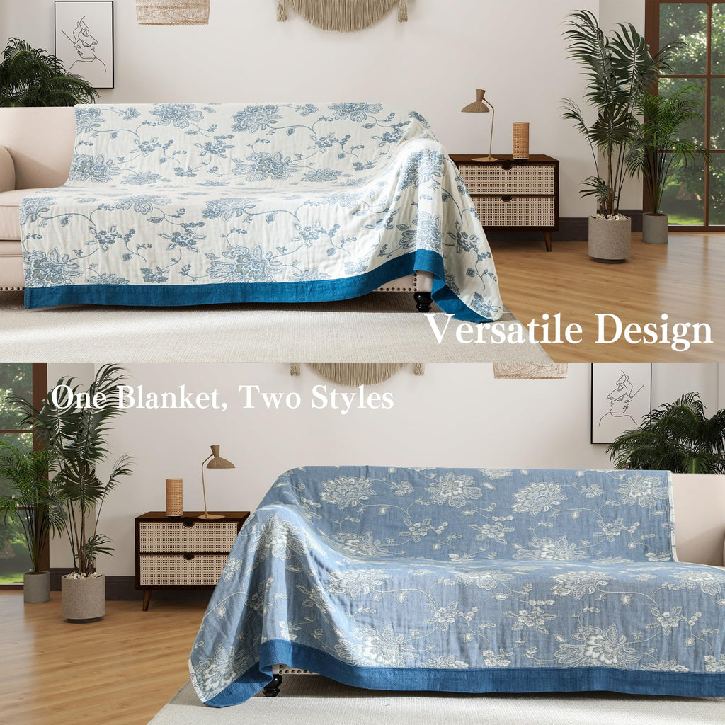 Boho Throw Blanket Full Size, Extra Large Soft Cozy Cotton Muslin Quilt Blanket for Bed Decor, Floral Patterned Couch