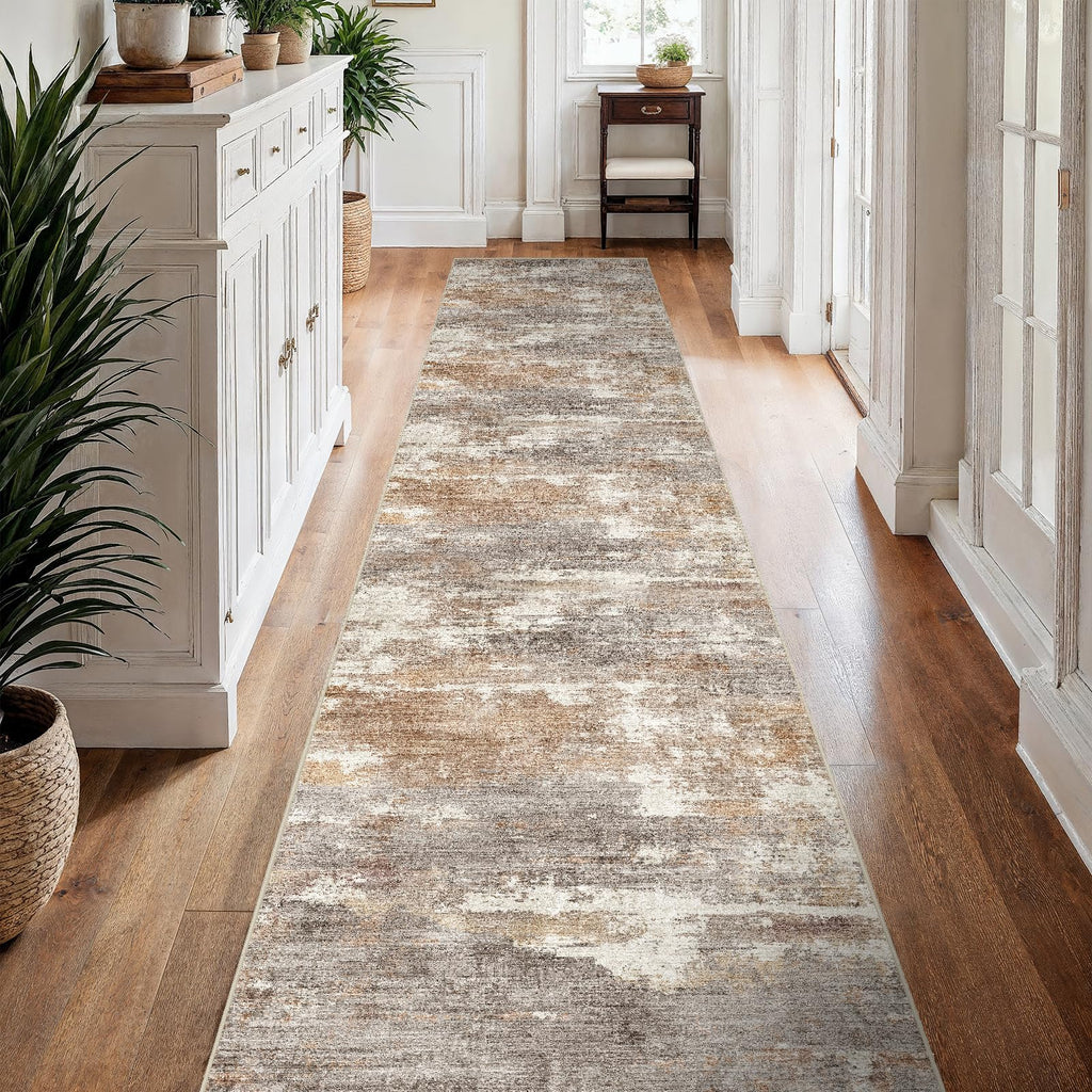 Runner Rug Washable Abstract: Non Slip Hallway Floor Mat Brown/Brick